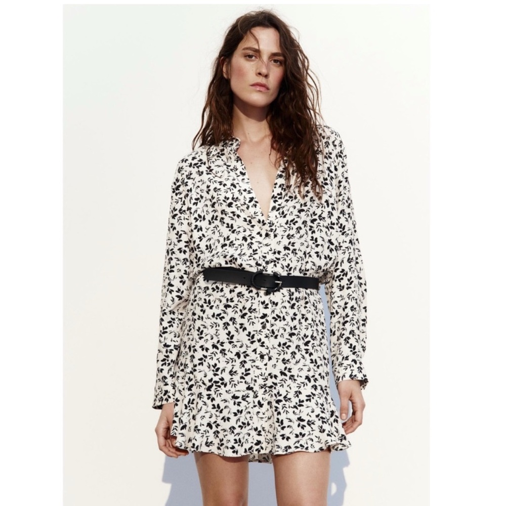 Zara Monochrome Floral Long Sleeve Dress